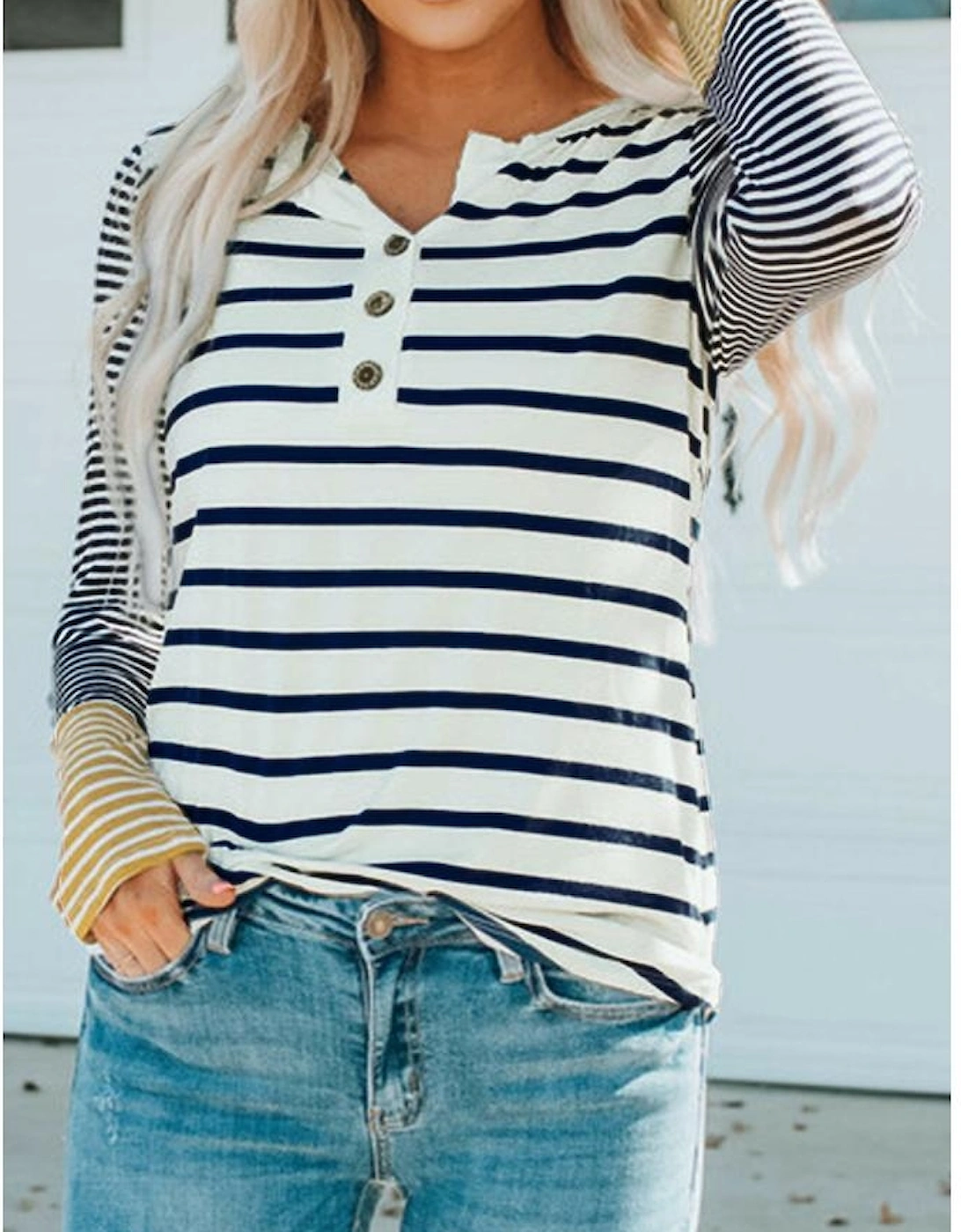Long Sleeve Stripe Button Henley Top