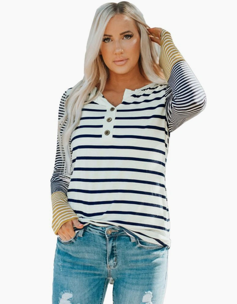 Long Sleeve Stripe Button Henley Top