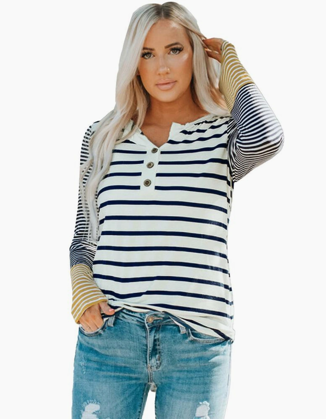 Long Sleeve Stripe Button Henley Top