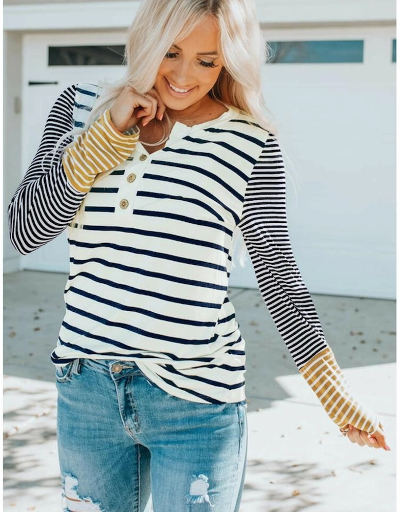 Long Sleeve Stripe Button Henley Top