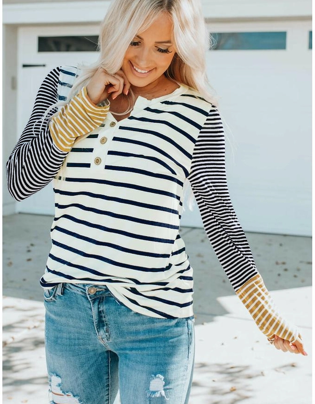 Long Sleeve Stripe Button Henley Top