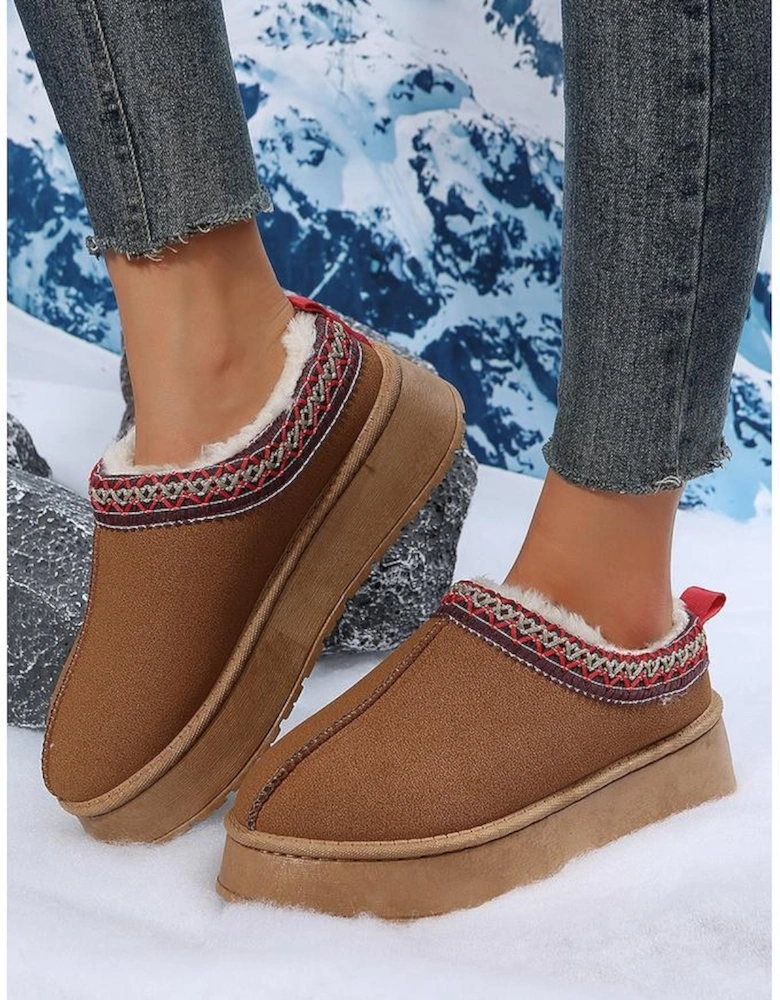 Chestnut Suede Contrast Print Round Toe Plush Lined Flats