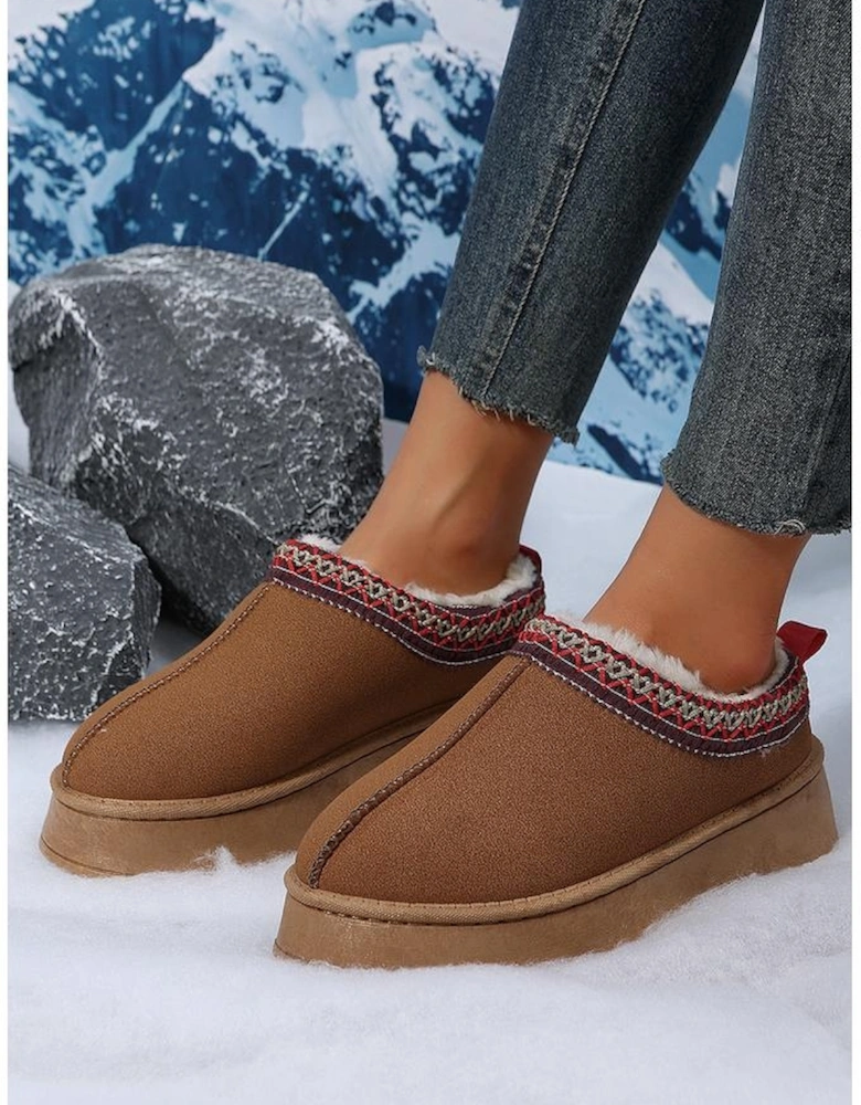 Chestnut Suede Contrast Print Round Toe Plush Lined Flats