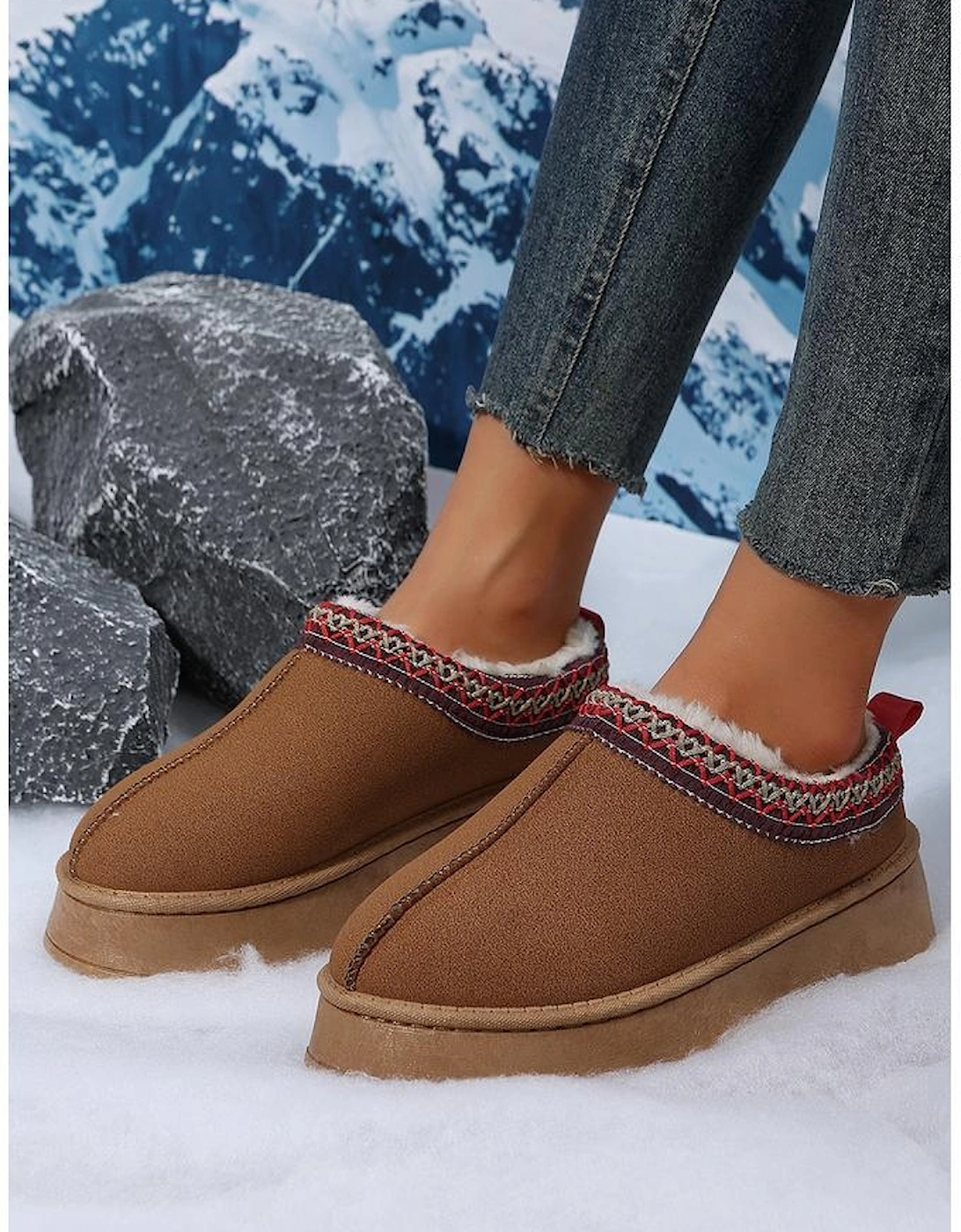 Chestnut Suede Contrast Print Round Toe Plush Lined Flats