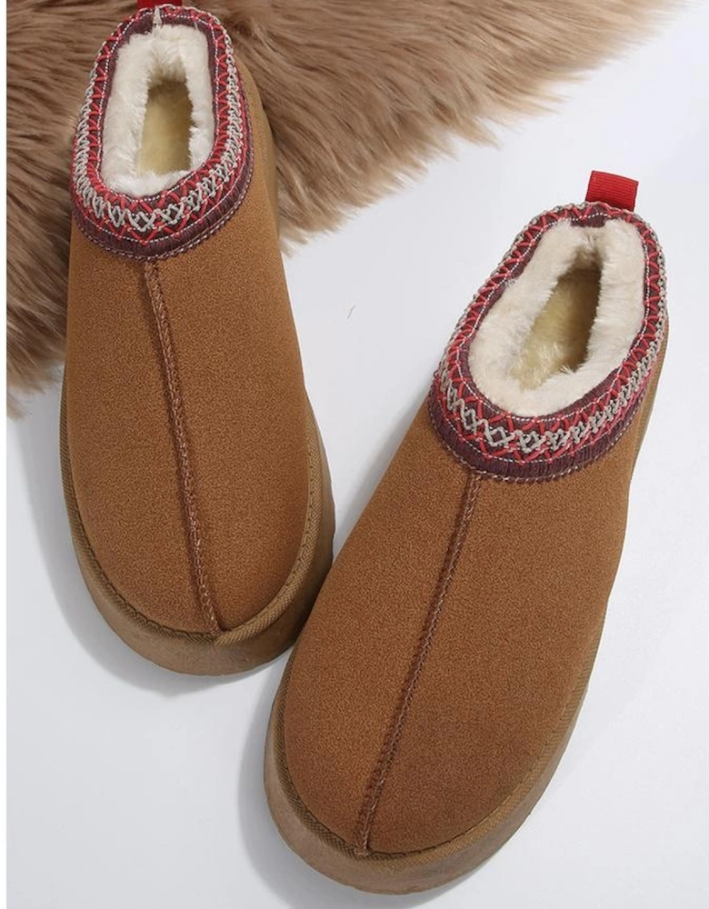 Chestnut Suede Contrast Print Round Toe Plush Lined Flats