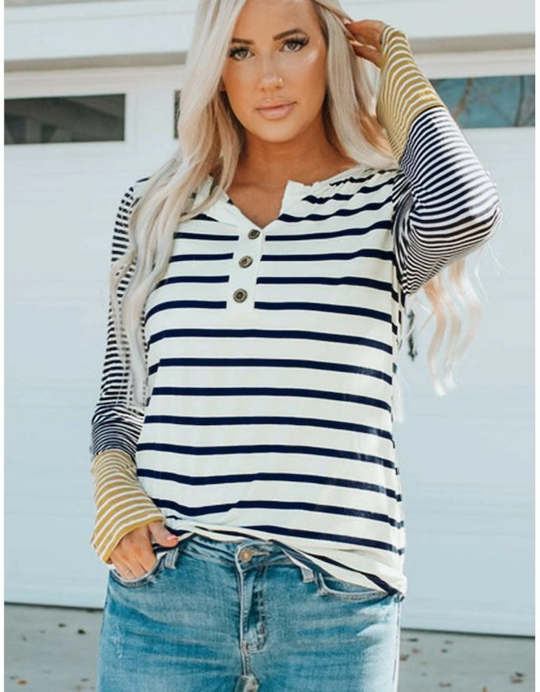 Long Sleeve Stripe Button Henley Top
