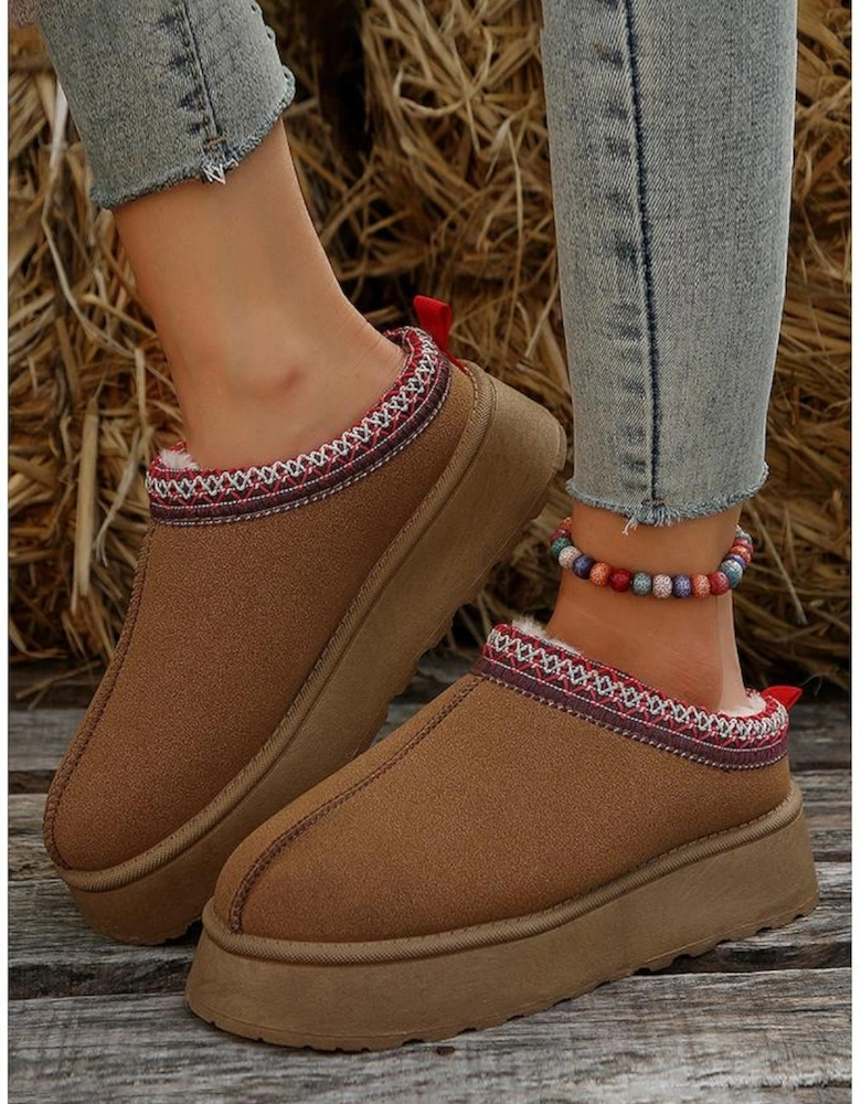 Chestnut Suede Contrast Print Round Toe Plush Lined Flats