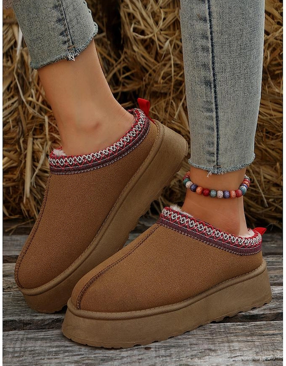 Chestnut Suede Contrast Print Round Toe Plush Lined Flats, 10 of 9