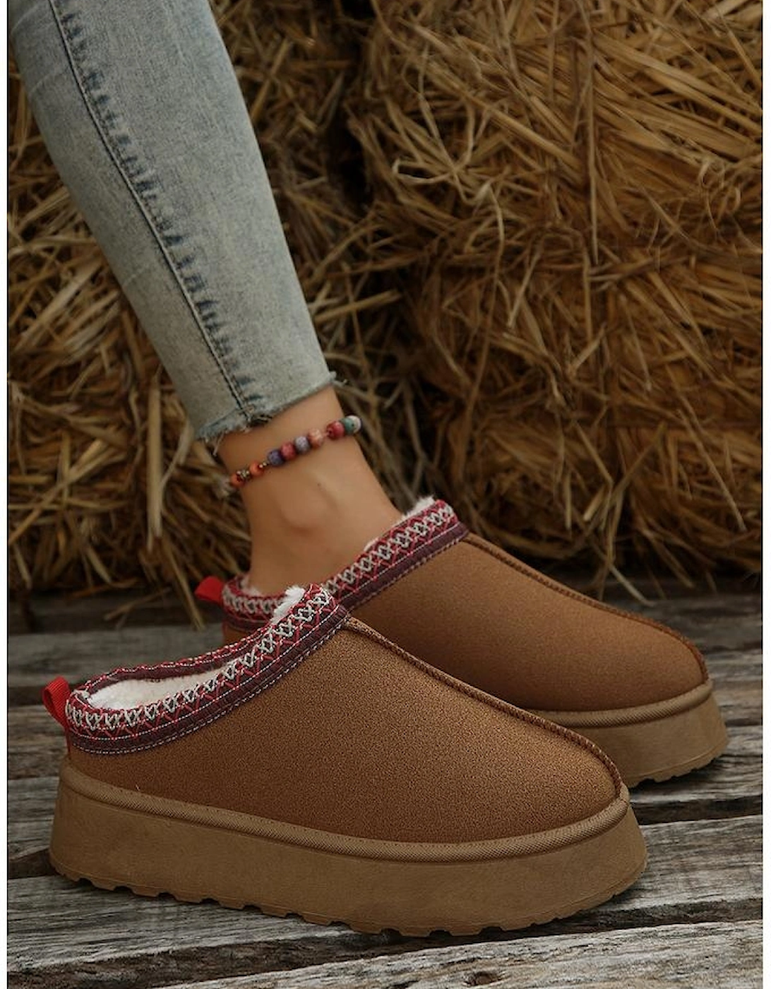 Chestnut Suede Contrast Print Round Toe Plush Lined Flats