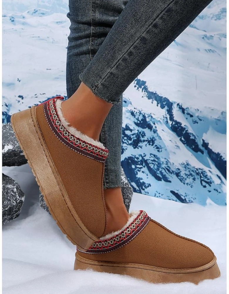 Chestnut Suede Contrast Print Round Toe Plush Lined Flats