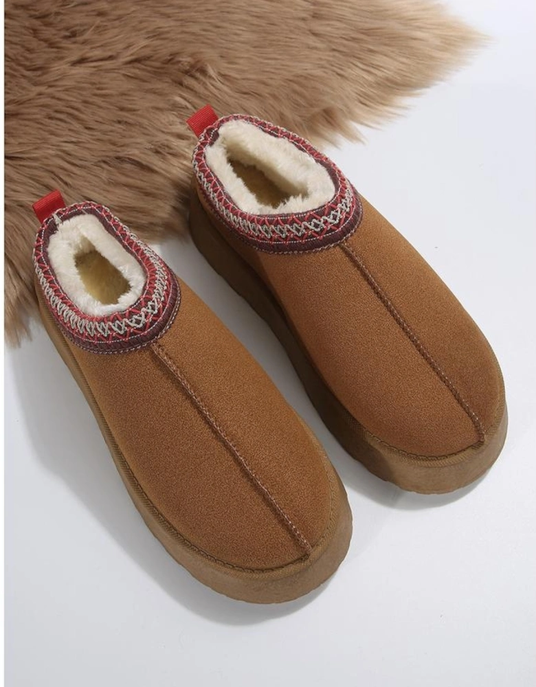 Chestnut Suede Contrast Print Round Toe Plush Lined Flats