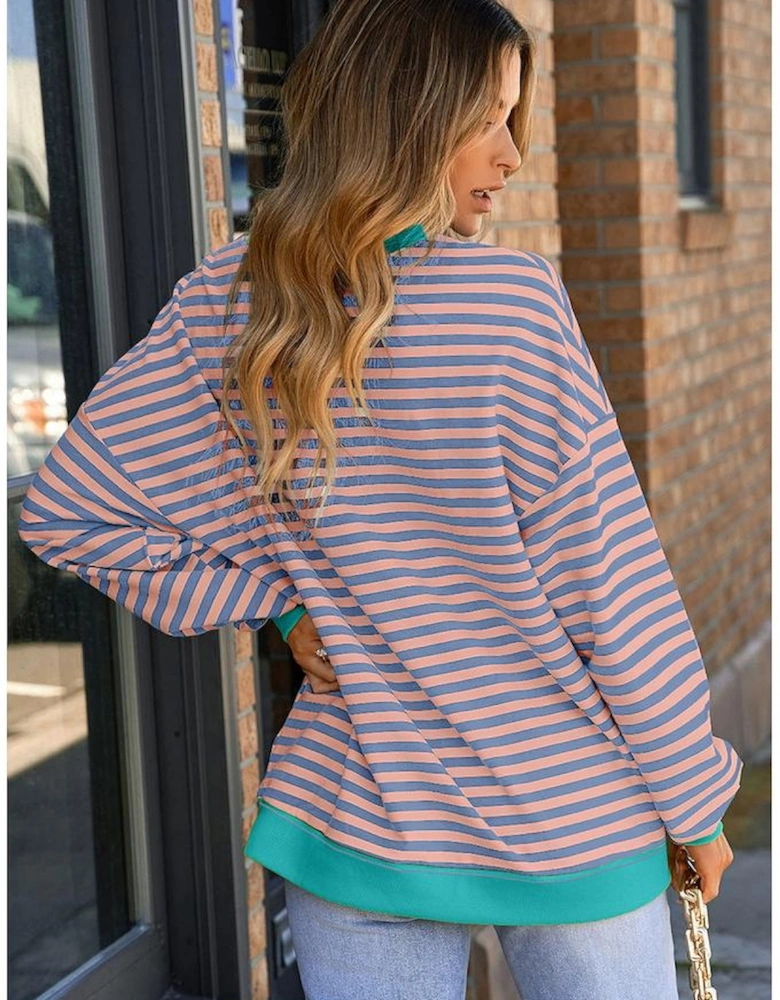 Racing Red Striped Contrast Ribbed Trim Crossed Stitch Drop Shoulder Sweatshirt