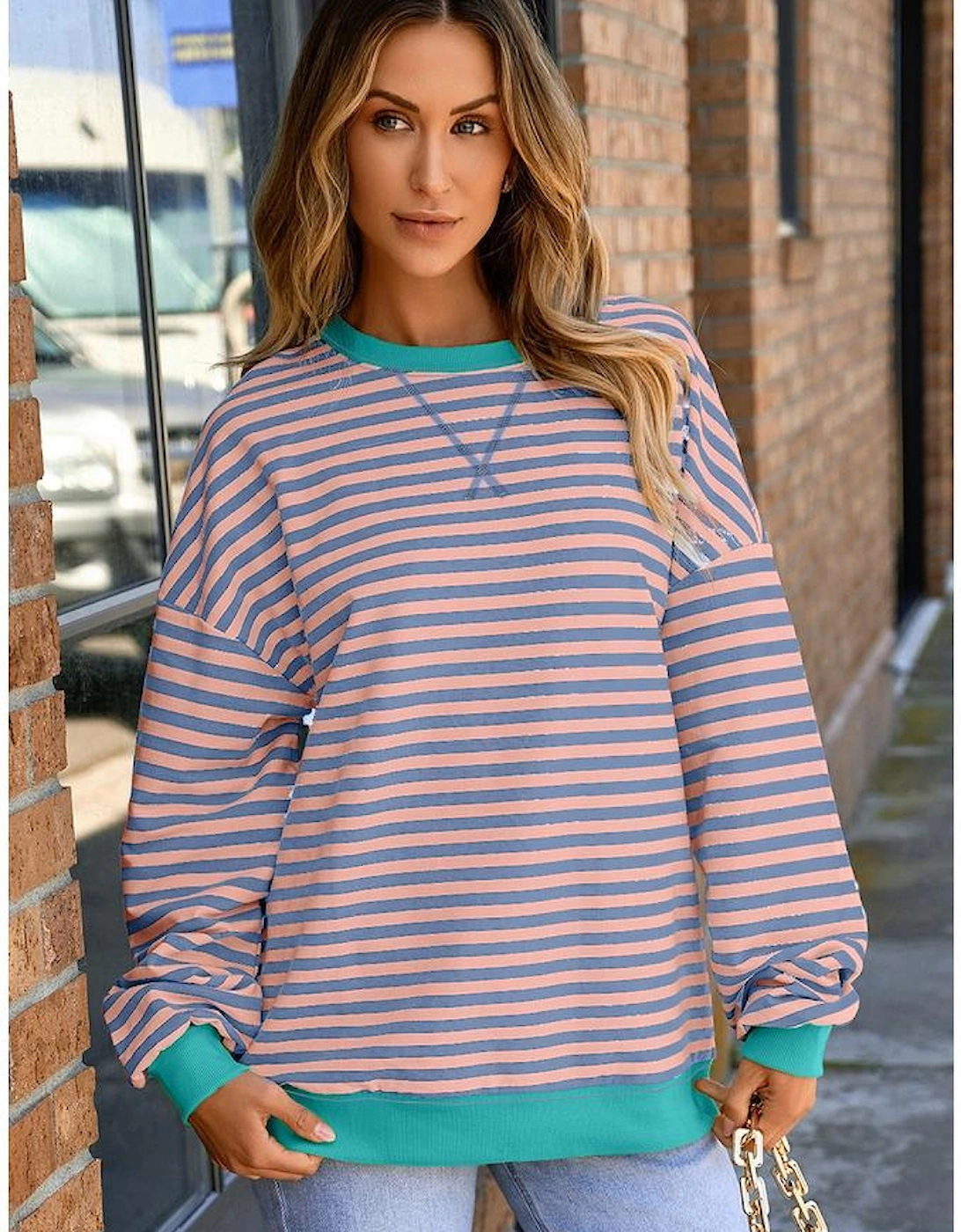 Racing Red Striped Contrast Ribbed Trim Crossed Stitch Drop Shoulder Sweatshirt