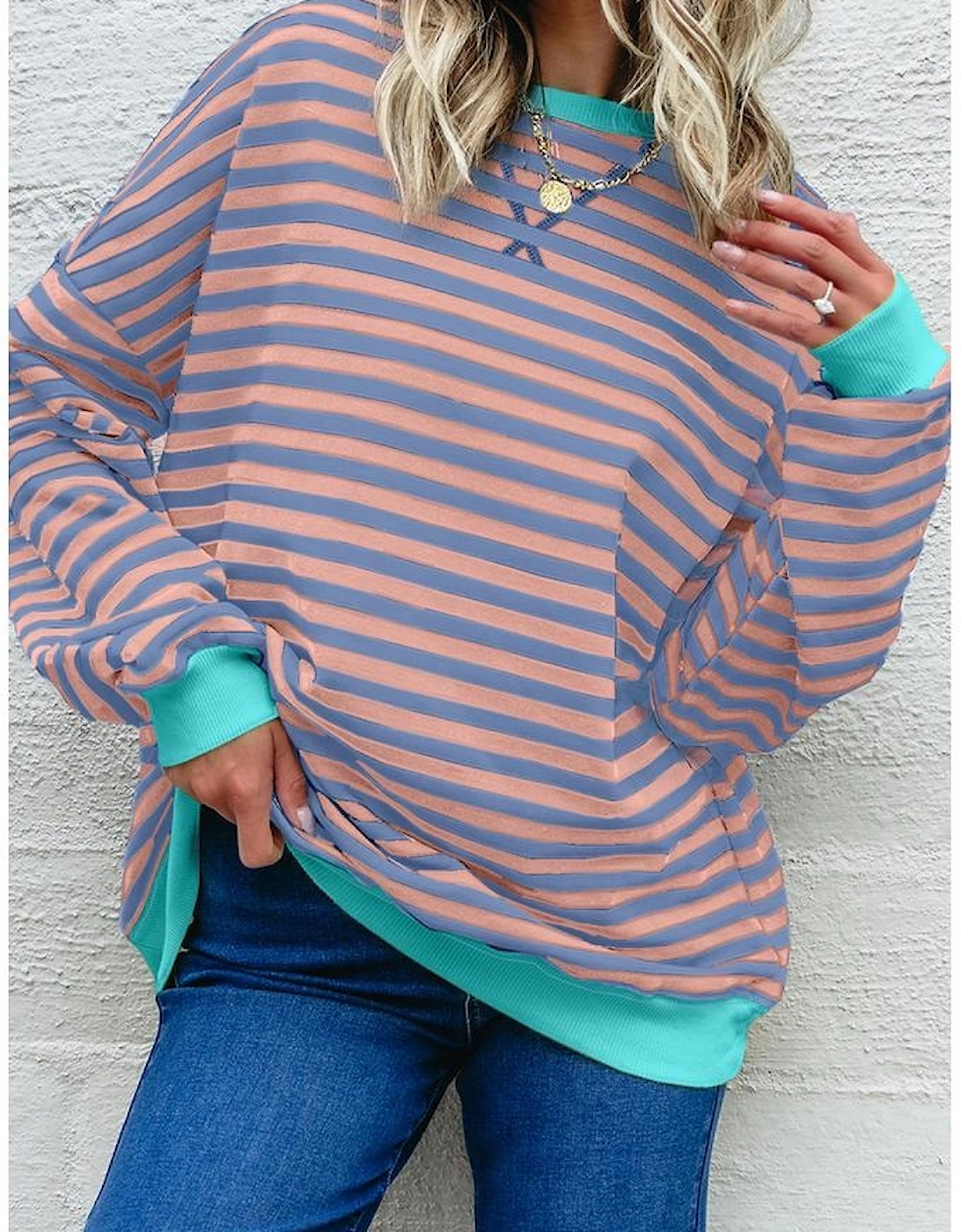 Racing Red Striped Contrast Ribbed Trim Crossed Stitch Drop Shoulder Sweatshirt