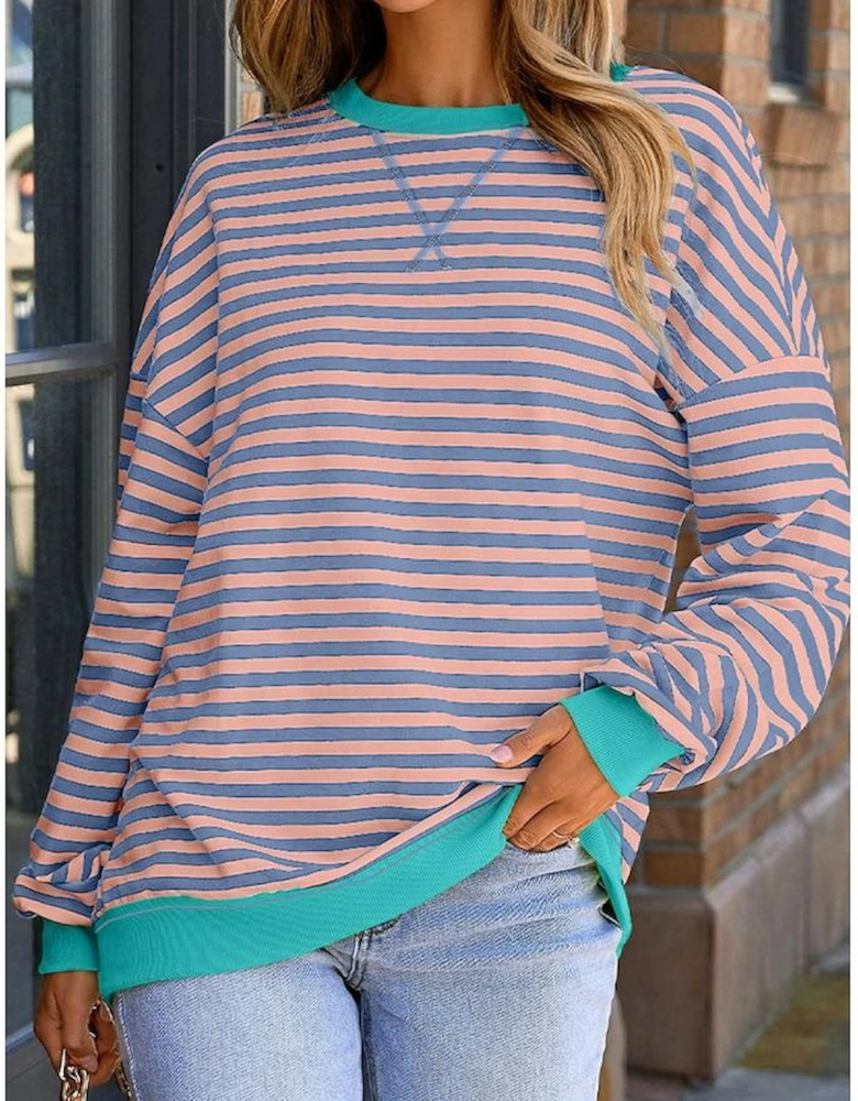 Racing Red Striped Contrast Ribbed Trim Crossed Stitch Drop Shoulder Sweatshirt