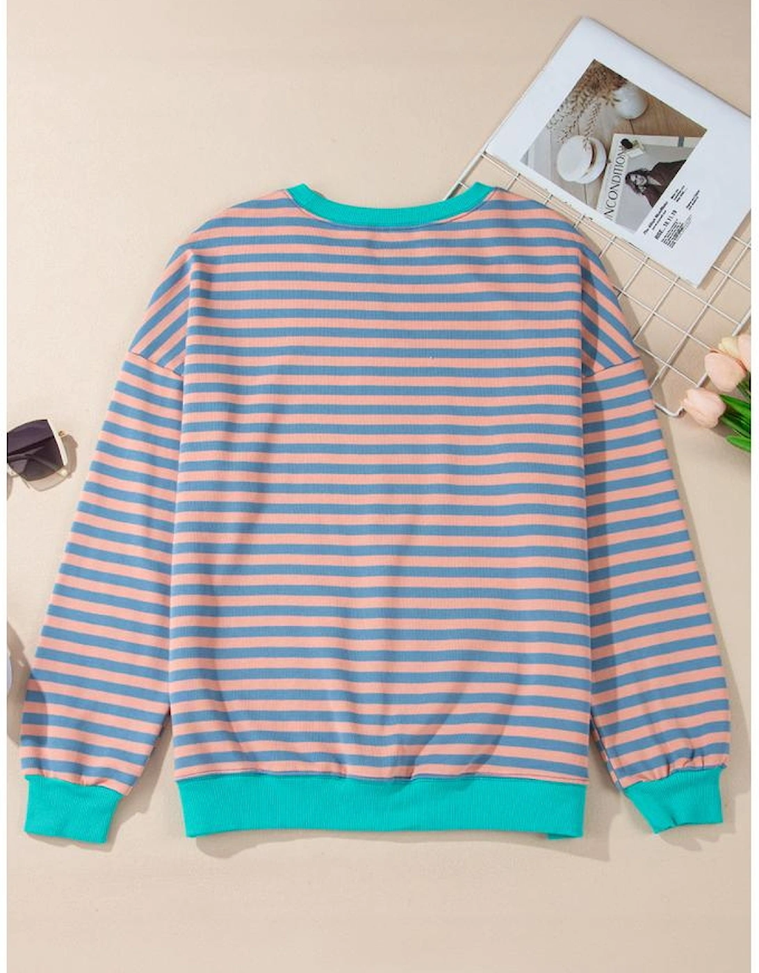 Racing Red Striped Contrast Ribbed Trim Crossed Stitch Drop Shoulder Sweatshirt