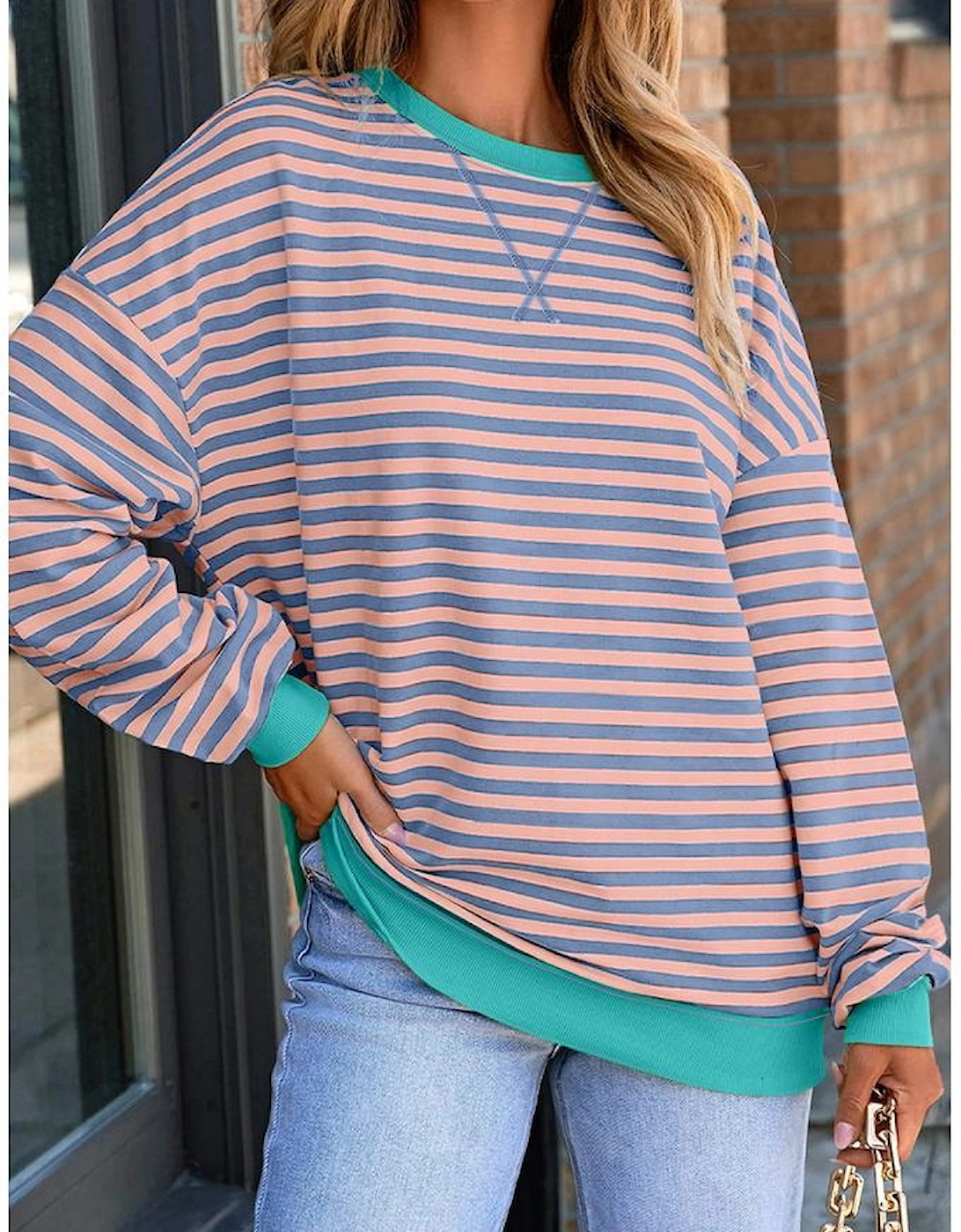 Racing Red Striped Contrast Ribbed Trim Crossed Stitch Drop Shoulder Sweatshirt