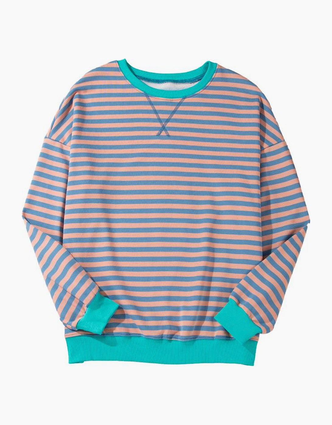 Racing Red Striped Contrast Ribbed Trim Crossed Stitch Drop Shoulder Sweatshirt