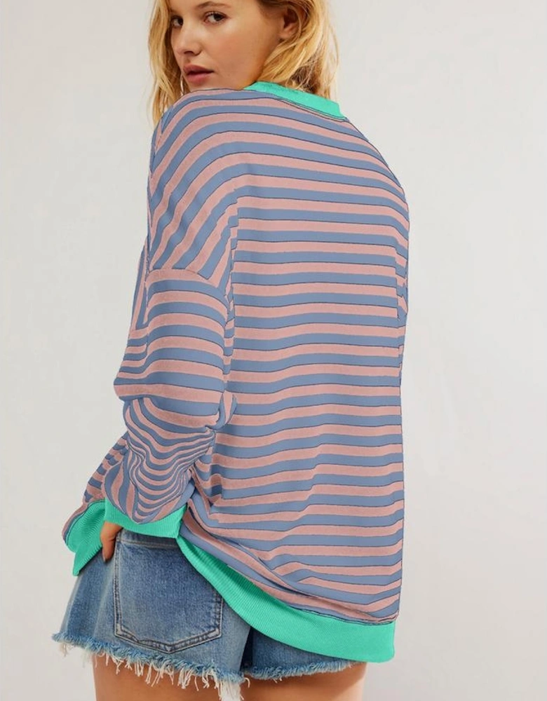 Racing Red Striped Contrast Ribbed Trim Crossed Stitch Drop Shoulder Sweatshirt