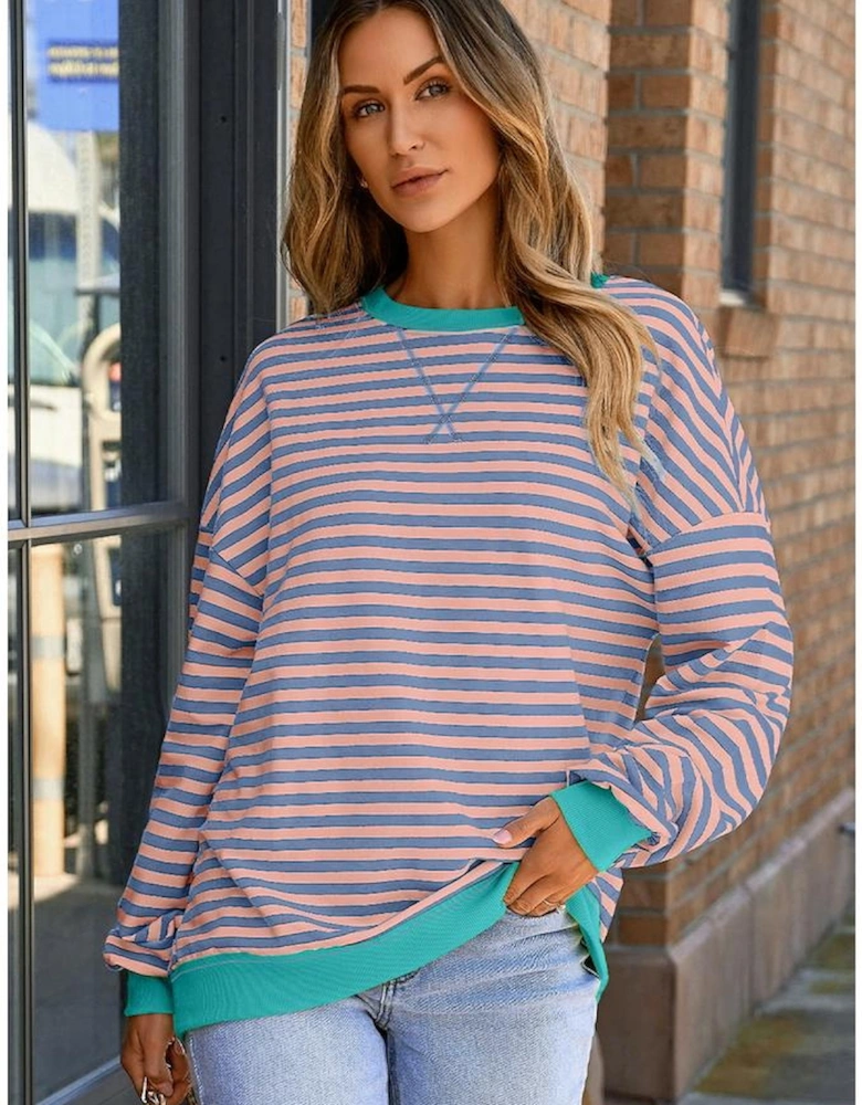 Racing Red Striped Contrast Ribbed Trim Crossed Stitch Drop Shoulder Sweatshirt