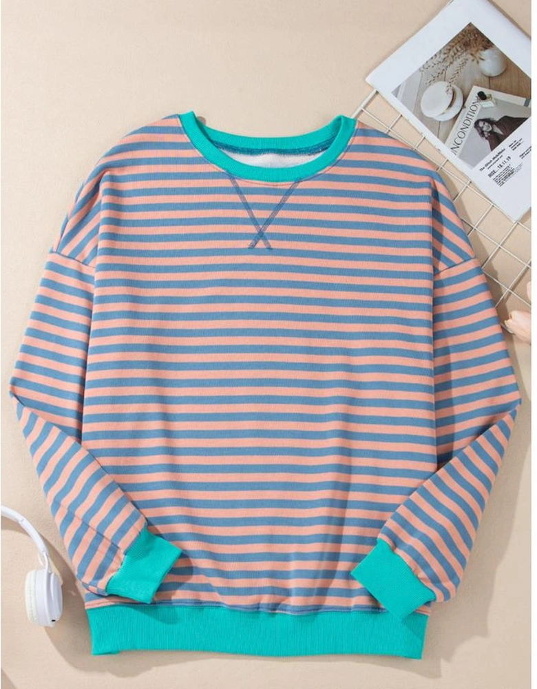 Racing Red Striped Contrast Ribbed Trim Crossed Stitch Drop Shoulder Sweatshirt