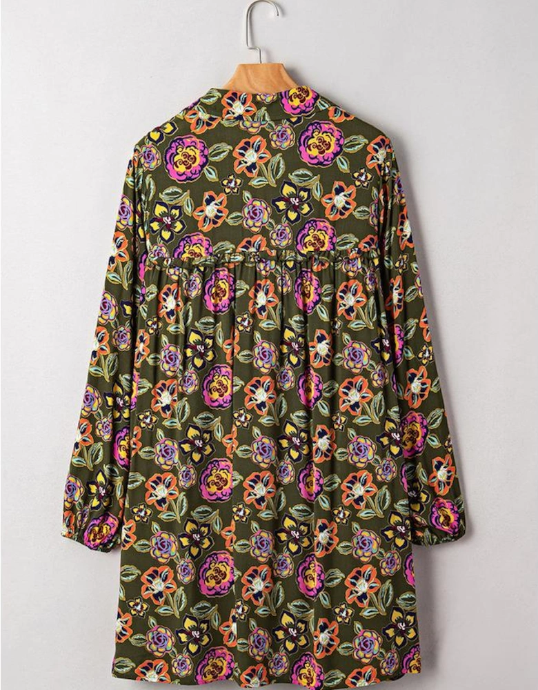 Green Floral Print Split Neck Bubble Sleeve Shift Mini Dress