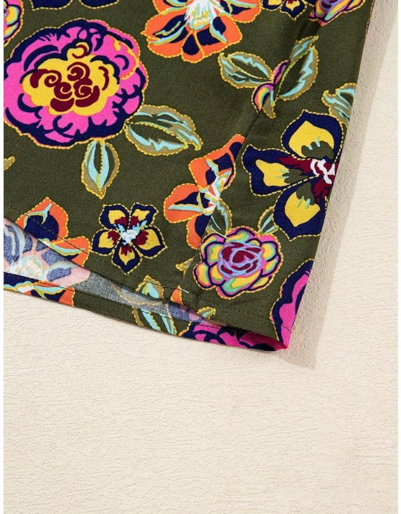 Green Floral Print Split Neck Bubble Sleeve Shift Mini Dress