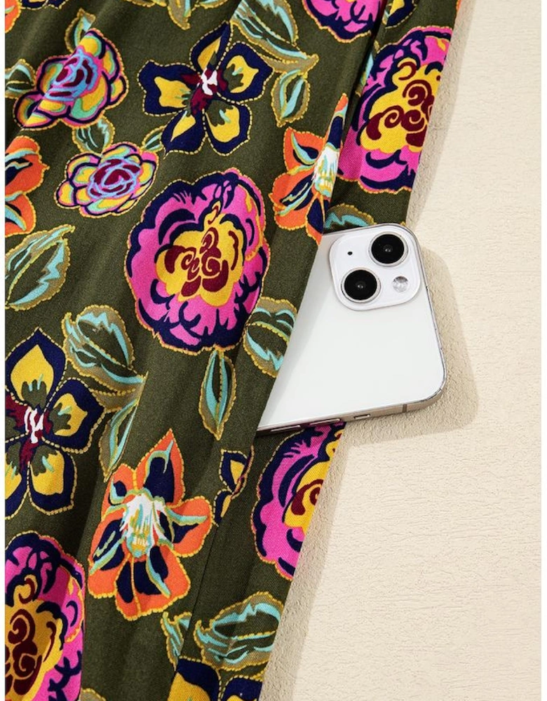 Green Floral Print Split Neck Bubble Sleeve Shift Mini Dress