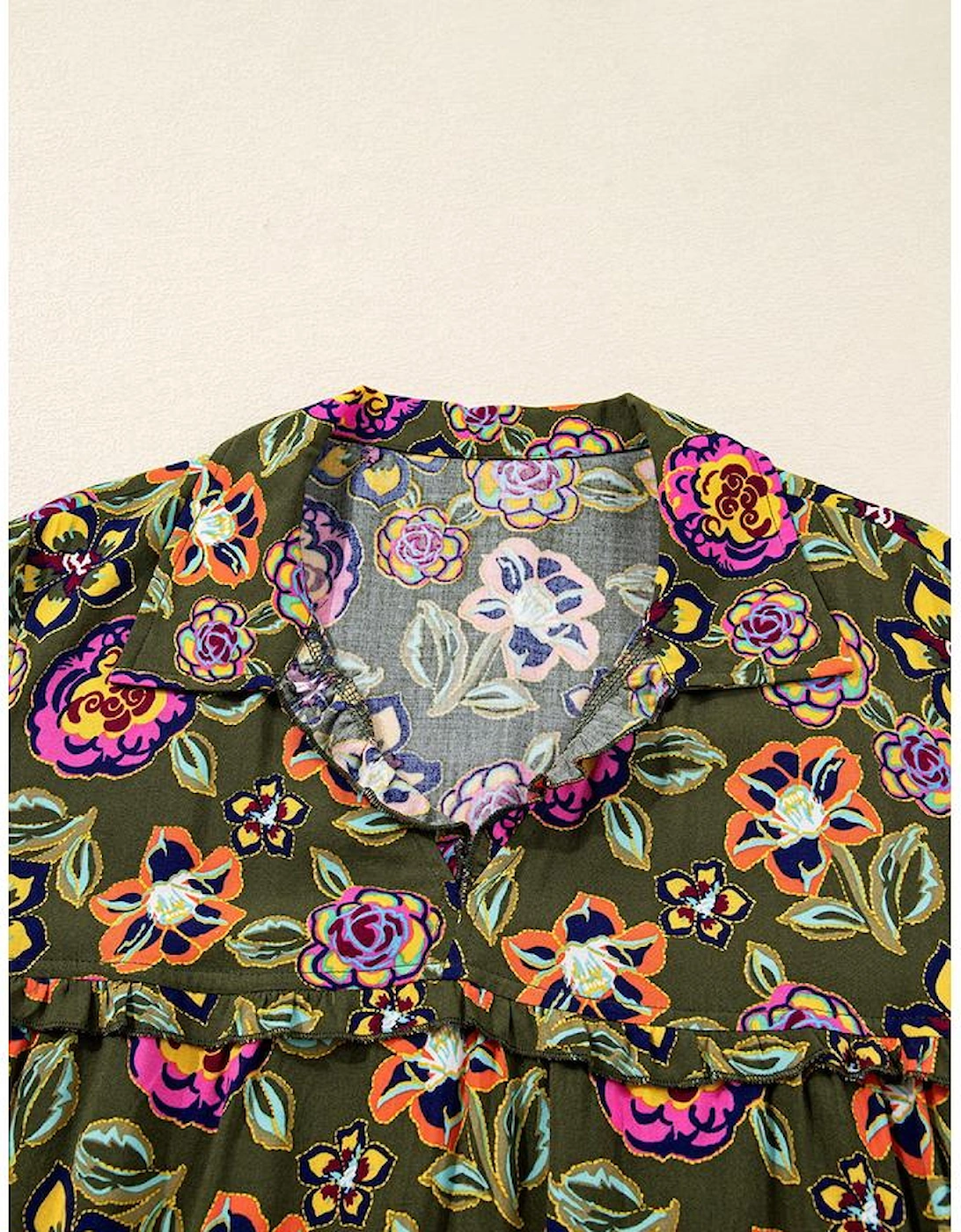 Green Floral Print Split Neck Bubble Sleeve Shift Mini Dress