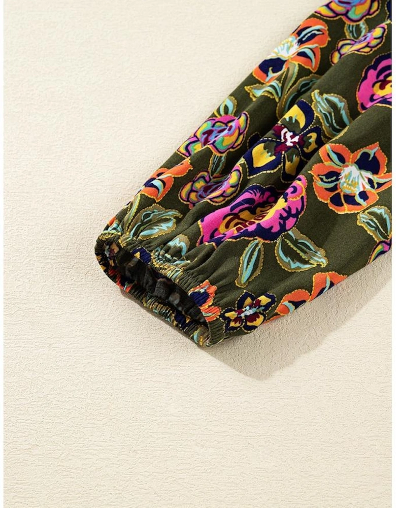 Green Floral Print Split Neck Bubble Sleeve Shift Mini Dress