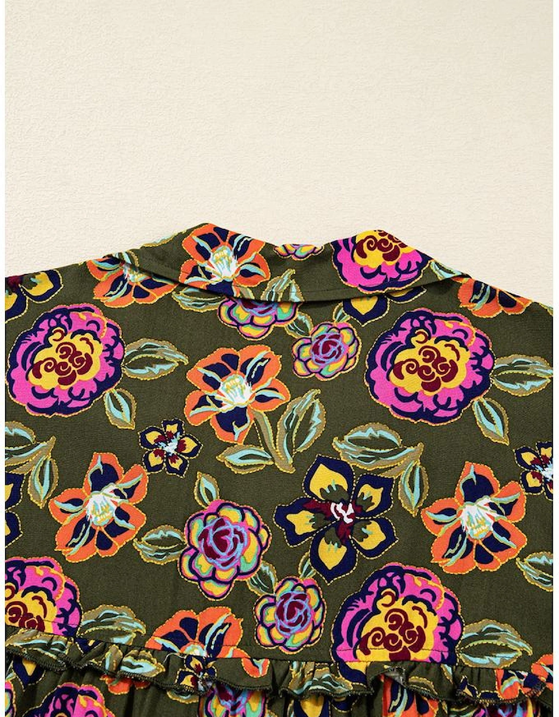 Green Floral Print Split Neck Bubble Sleeve Shift Mini Dress