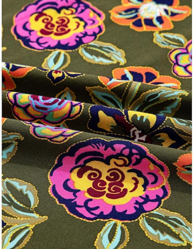 Green Floral Print Split Neck Bubble Sleeve Shift Mini Dress