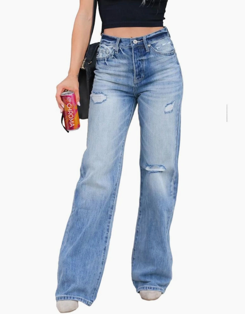 Light Blue High Rise Distressed Straight Leg Jeans