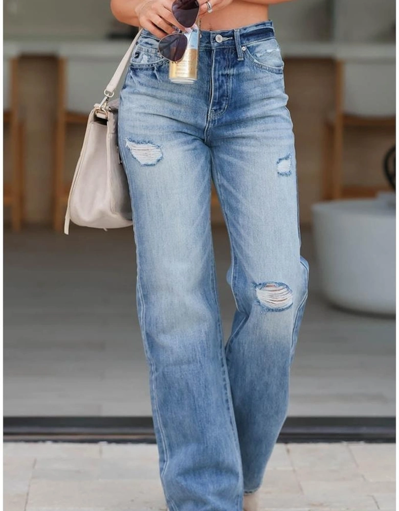 Light Blue High Rise Distressed Straight Leg Jeans