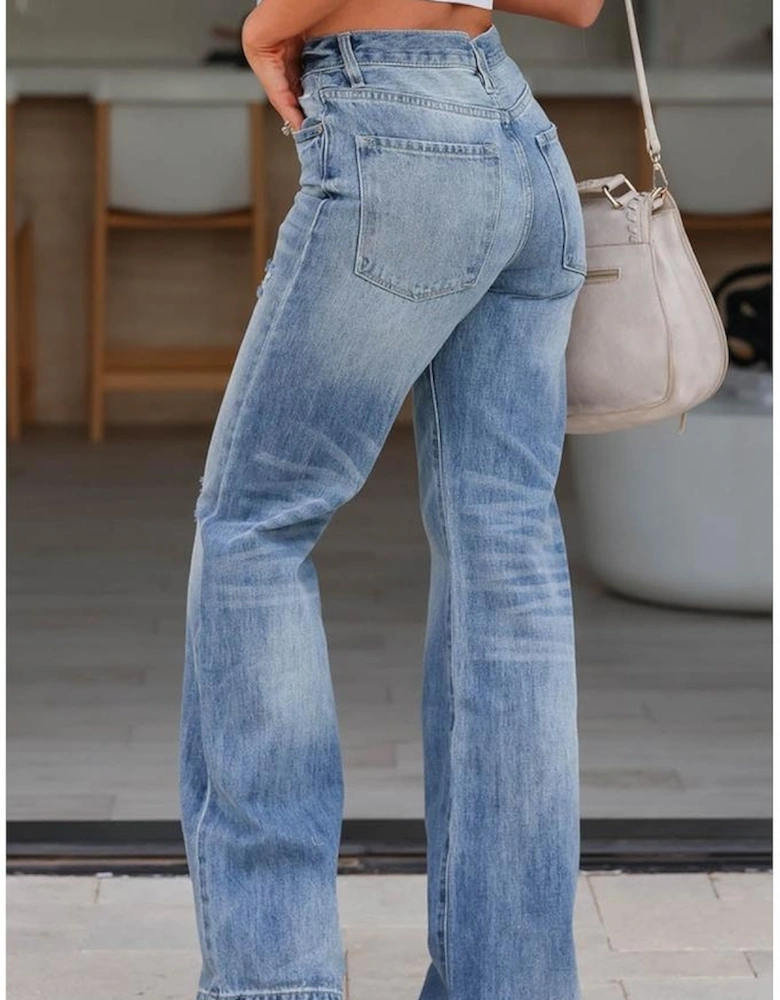 Light Blue High Rise Distressed Straight Leg Jeans