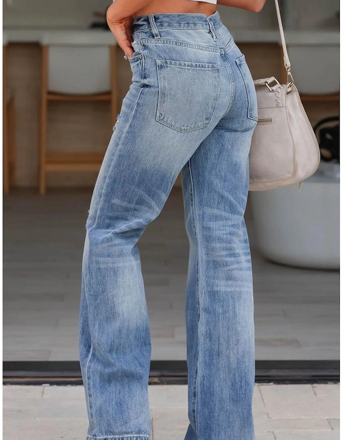 Light Blue High Rise Distressed Straight Leg Jeans