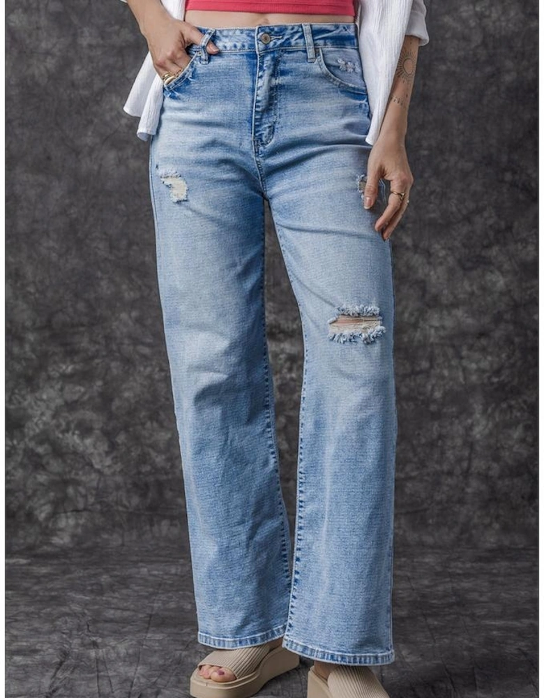 Light Blue High Rise Distressed Straight Leg Jeans