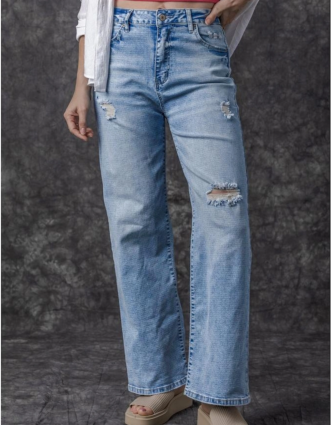 Light Blue High Rise Distressed Straight Leg Jeans