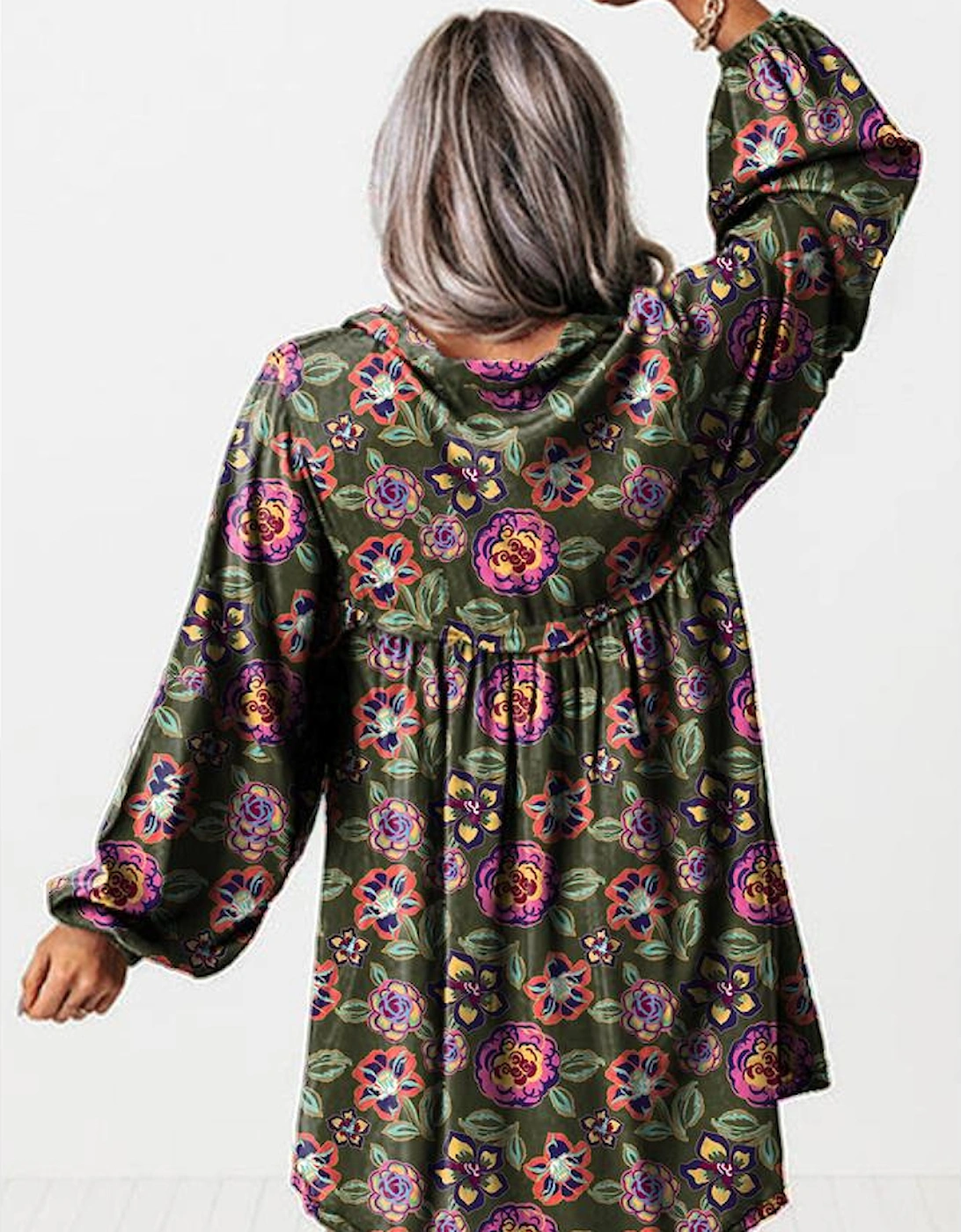 Green Floral Print Split Neck Bubble Sleeve Shift Mini Dress