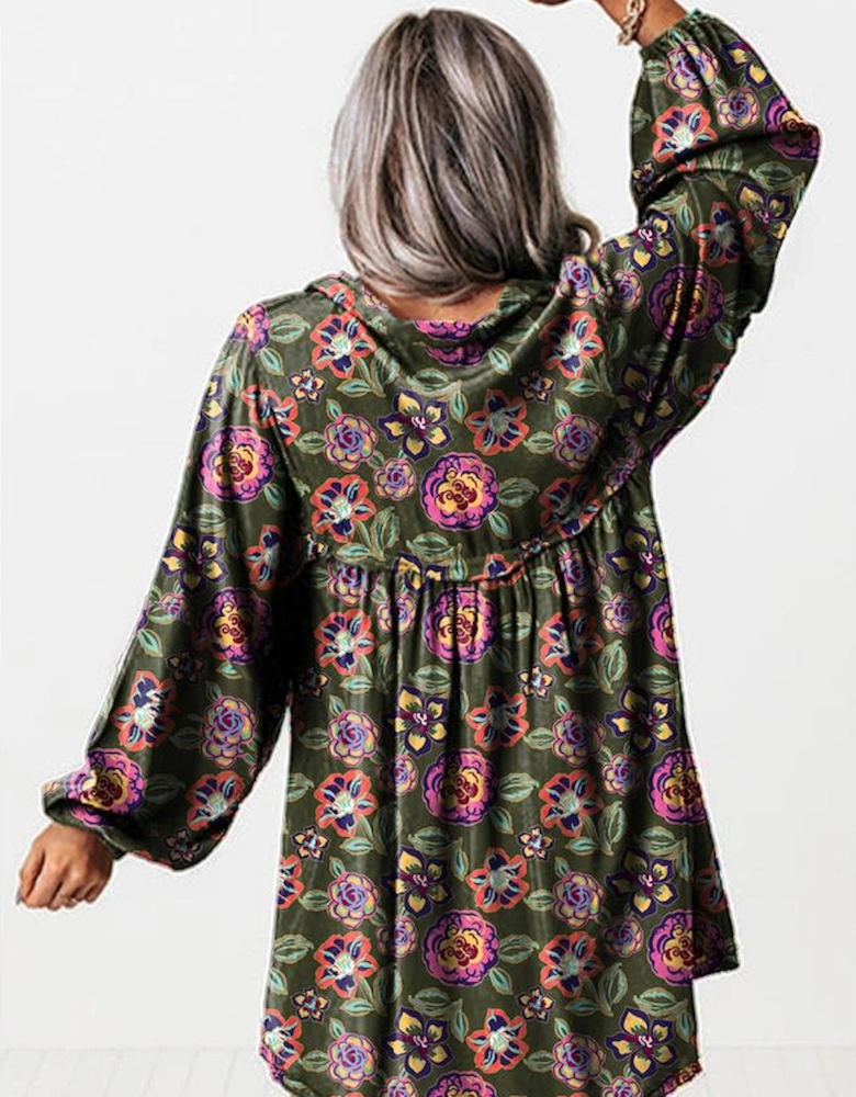 Green Floral Print Split Neck Bubble Sleeve Shift Mini Dress