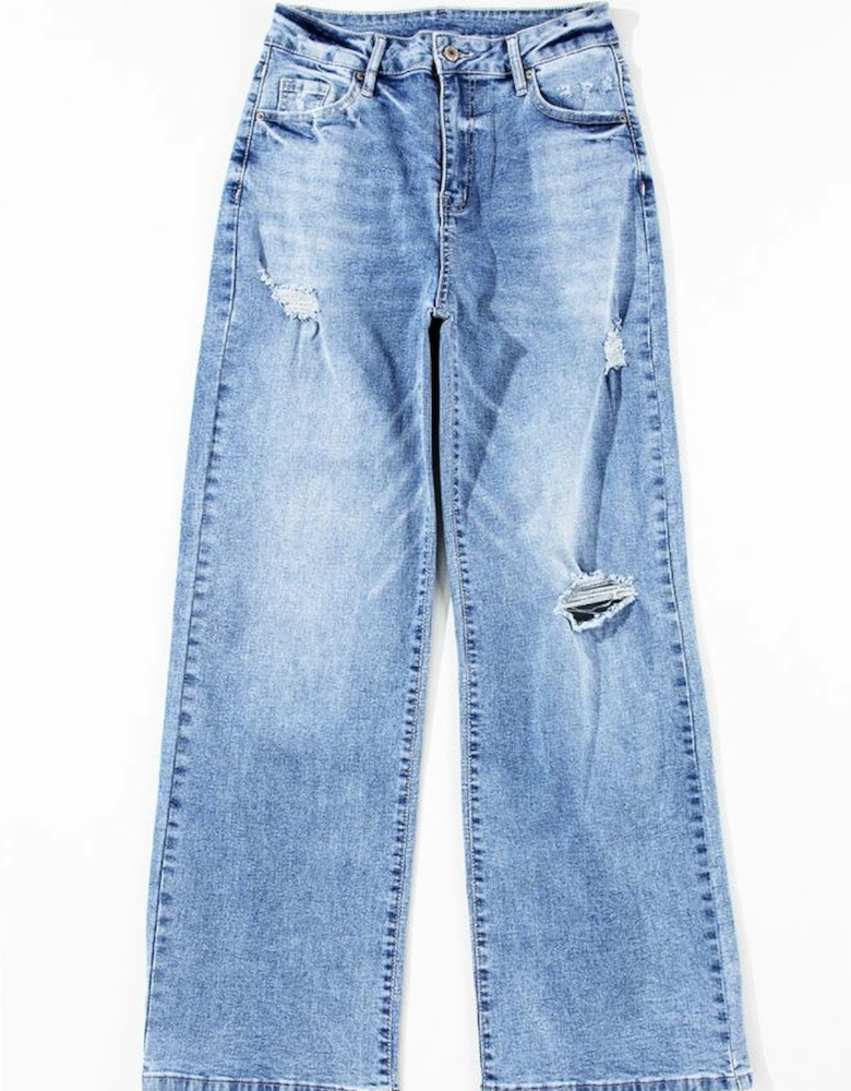 Light Blue High Rise Distressed Straight Leg Jeans