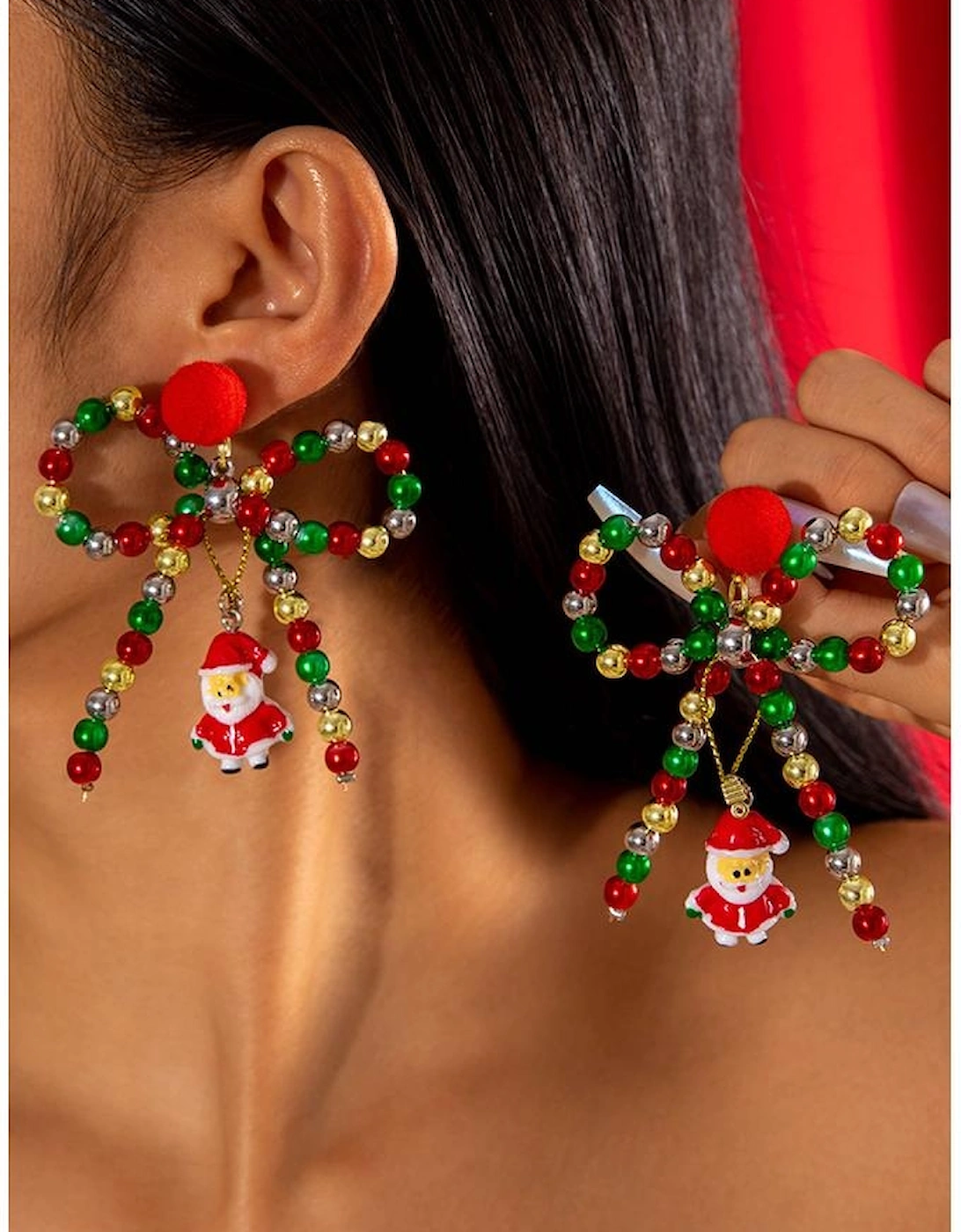 Racing Red Christmas Santa Pendant Beaded Bow Knot Stud Earrings