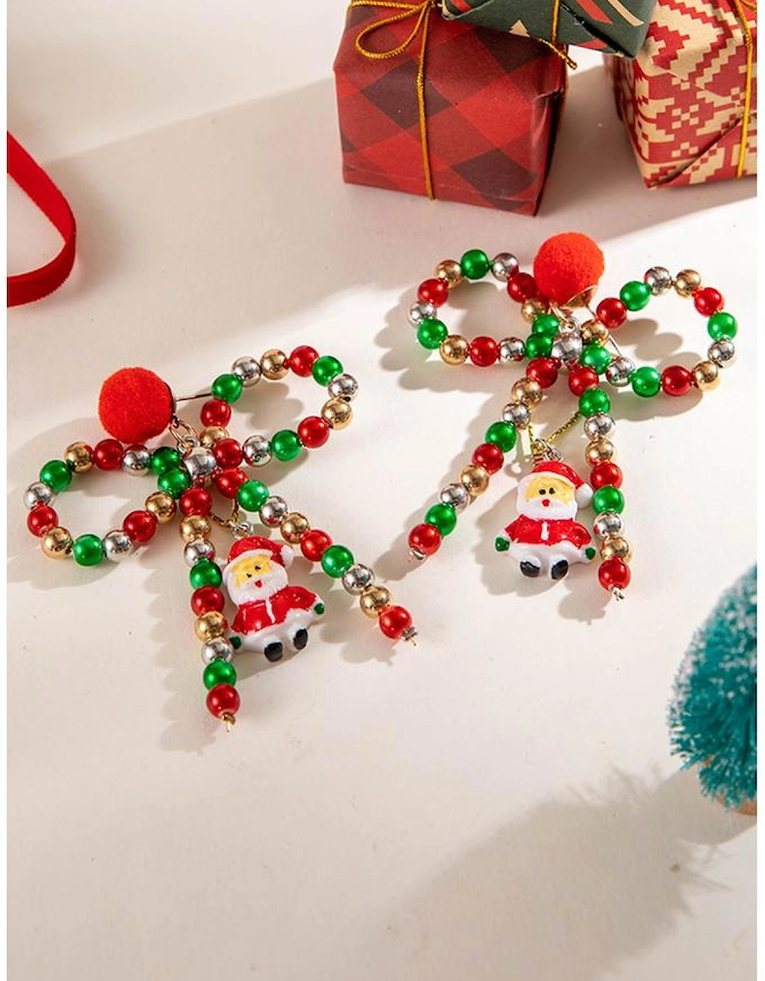 Racing Red Christmas Santa Pendant Beaded Bow Knot Stud Earrings