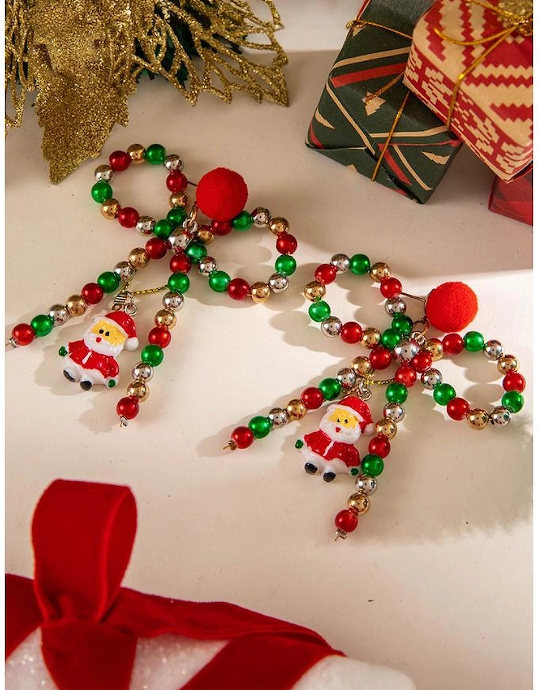 Racing Red Christmas Santa Pendant Beaded Bow Knot Stud Earrings, 6 of 5