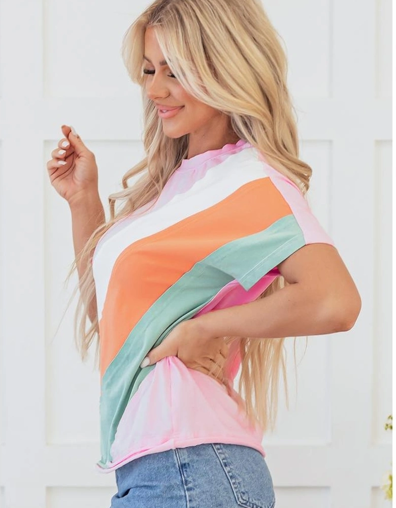 Pink Color Block Patchwork Seamed Crewneck T Shirt