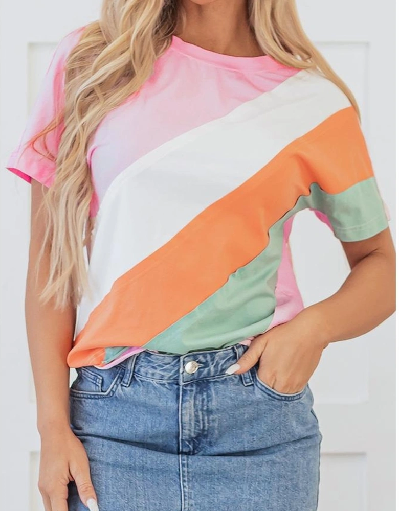 Pink Color Block Patchwork Seamed Crewneck T Shirt