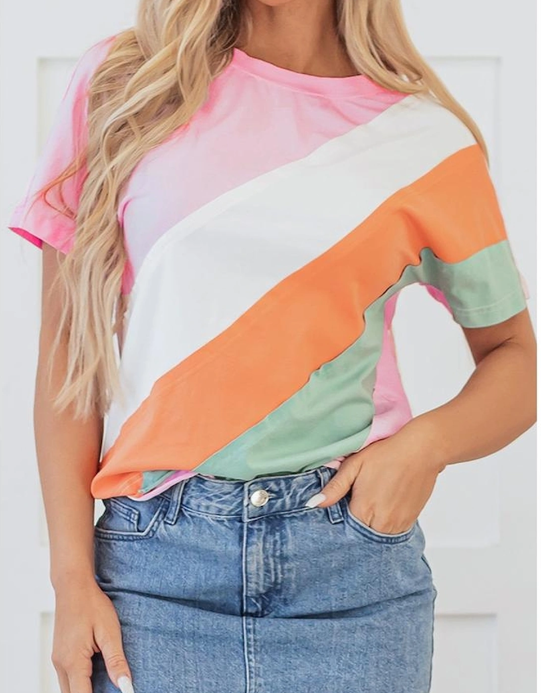 Pink Color Block Patchwork Seamed Crewneck T Shirt