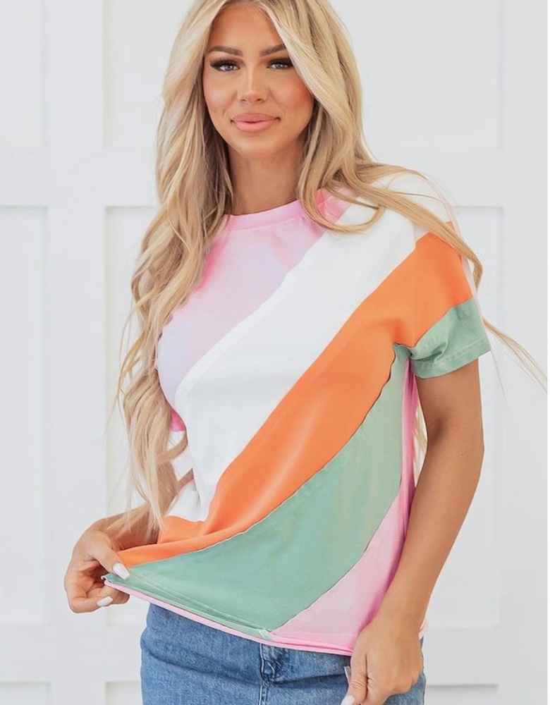 Pink Color Block Patchwork Seamed Crewneck T Shirt