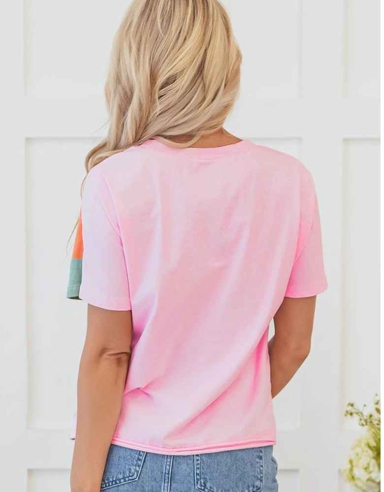 Pink Color Block Patchwork Seamed Crewneck T Shirt