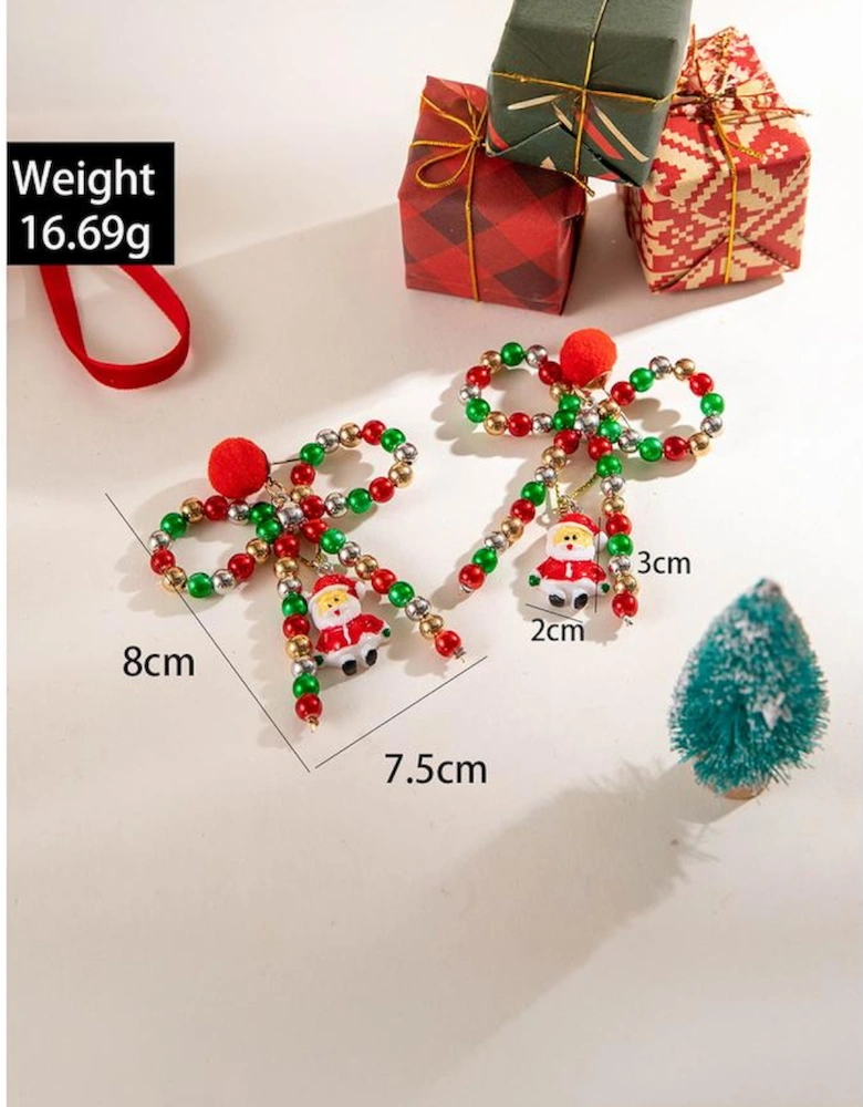 Racing Red Christmas Santa Pendant Beaded Bow Knot Stud Earrings